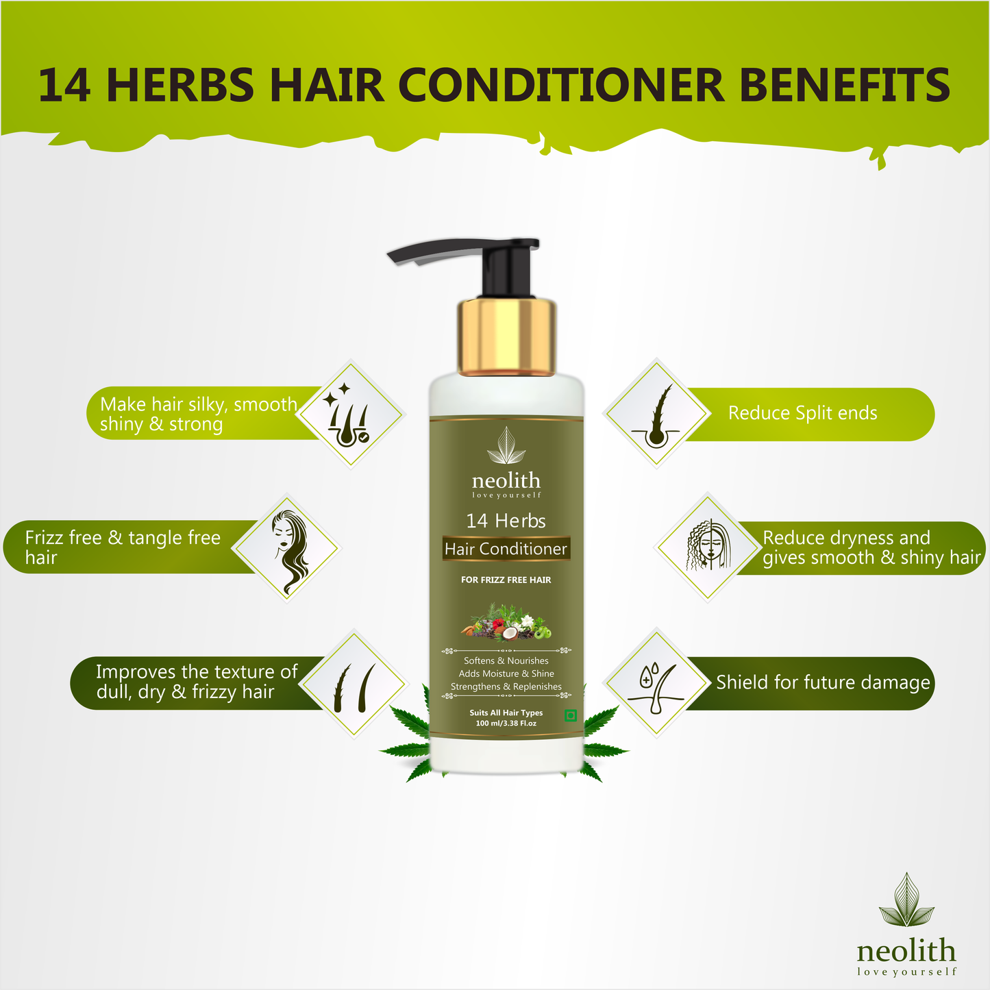 Neolith 14 Herbs Conditioner | Softens, Nourishes, Strenghtens, Replenishes, Hydrates Hair, Reduce Frizz | No Silicon, No Paraben | 120 Ml