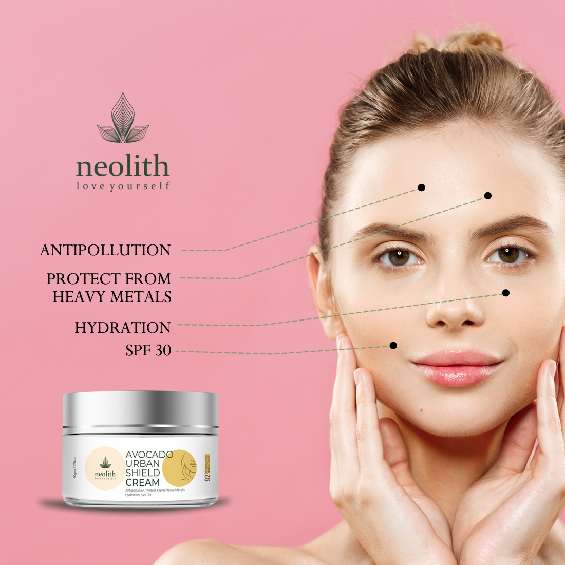 Neolith Avocado Urban Shield Face Cream | Anti-Pollution Daily Face cream with SPF30 for Bright and Glowing Skin | Protection from Blue rays, Pollution defense cream, UV day cream, All Skin Type |50 gm For Men & Women