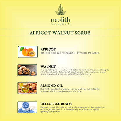 Neolith Apricot Walnut Face Scrub with Vitamin E and Almond oil (100gm) | Removes White heads, Black heads, Brightens skin, Removes excess oil | D Tan scrub, Lip scrub, Deep cleansing, Skin Revitalizing | For Dry/Normal Skin | For Men & Women