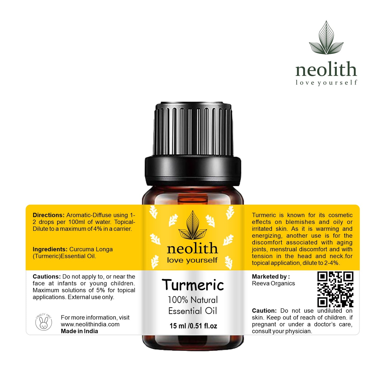 Neolith Turmeric Oil Essential Oil 100% Pure & Natural Therapeutic Grade, Undiluted, Organic For Hair & Skin, 15ml