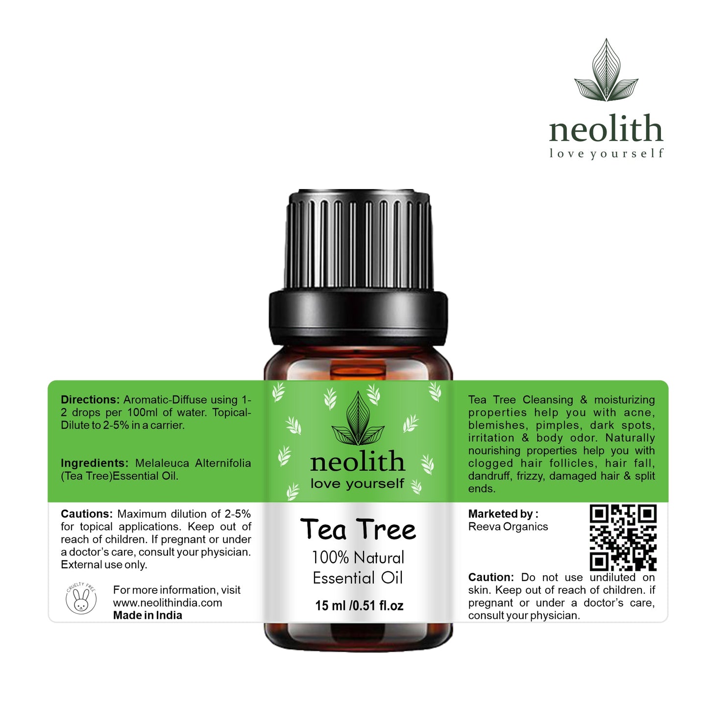 Neolith Tea Tree Essential Oil, 100% NATURAL & PURE, 15ML, FOR ACNE, FACE, SKIN & HAIR