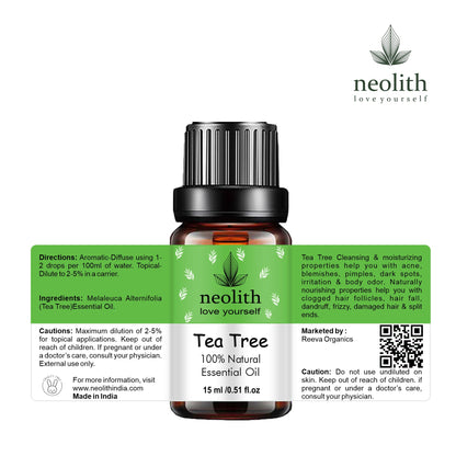 Neolith Tea Tree Essential Oil, 100% NATURAL & PURE, 15ML, FOR ACNE, FACE, SKIN & HAIR