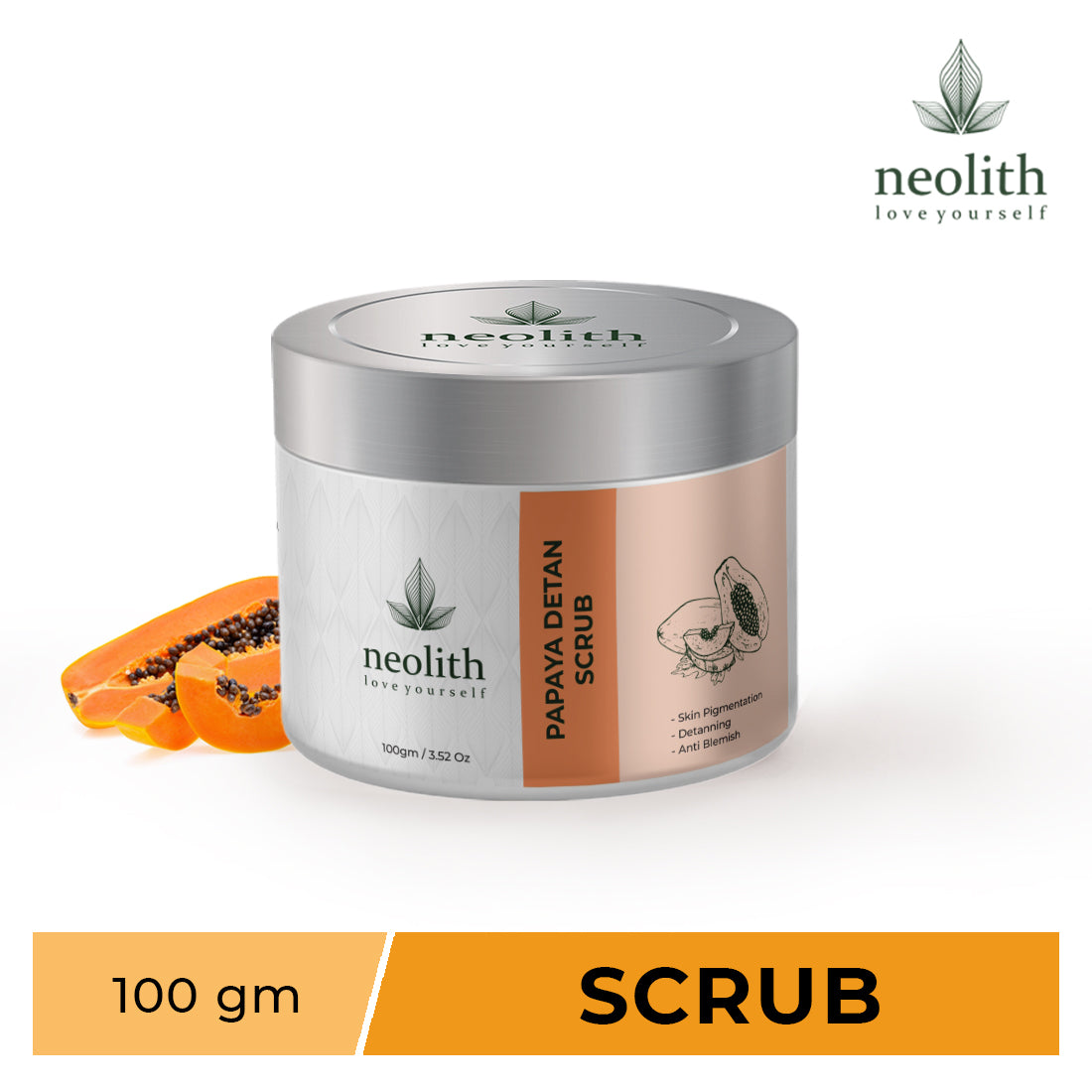 Neolith Papaya Detan Face & Body Scrub 100 gm | Tan removal, Deep cleansing, Revitalizing | Organic, Paraben & SLS Free