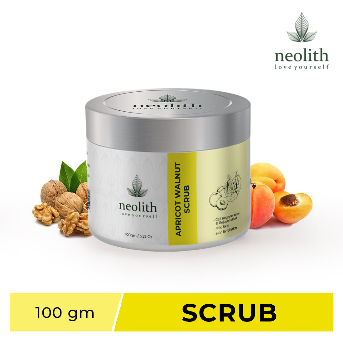 Neolith Apricot Walnut Face Scrub with Vitamin E and Almond oil (100gm) | Removes White heads, Black heads, Brightens skin, Removes excess oil | D Tan scrub, Lip scrub, Deep cleansing, Skin Revitalizing | For Dry/Normal Skin | For Men & Women