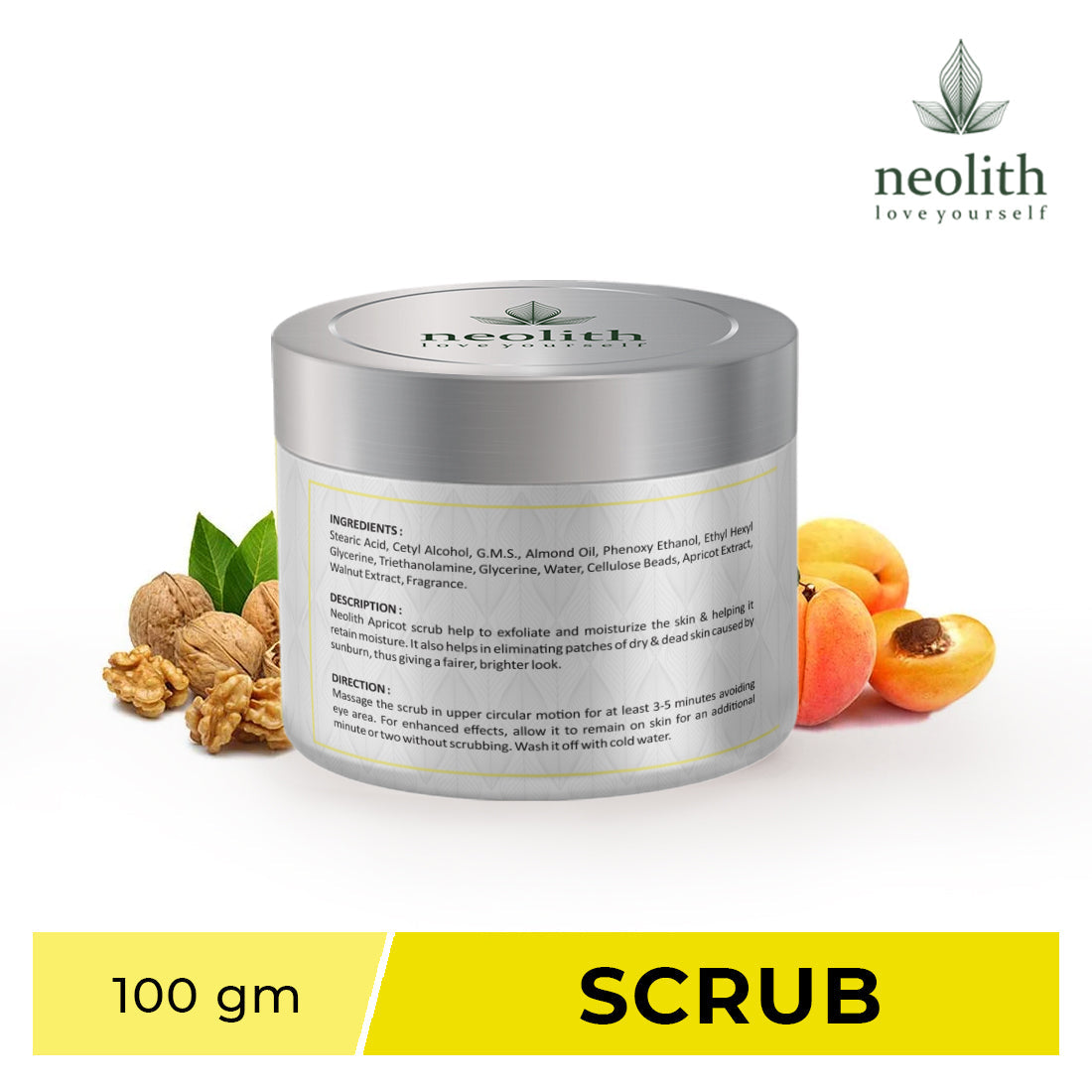 Neolith Apricot Walnut Face Scrub with Vitamin E and Almond oil (100gm) | Removes White heads, Black heads, Brightens skin, Removes excess oil | D Tan scrub, Lip scrub, Deep cleansing, Skin Revitalizing | For Dry/Normal Skin | For Men & Women